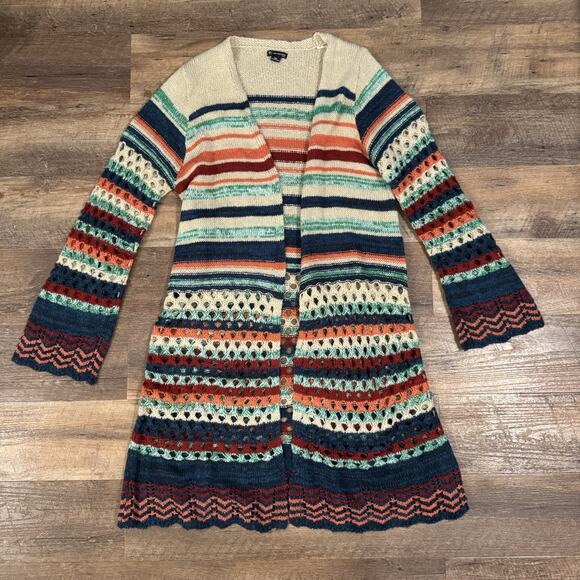 New Directions XL Petite Colorful Open Front Crochet Long Cardigan Beach Coastal - Picture 1 of 7